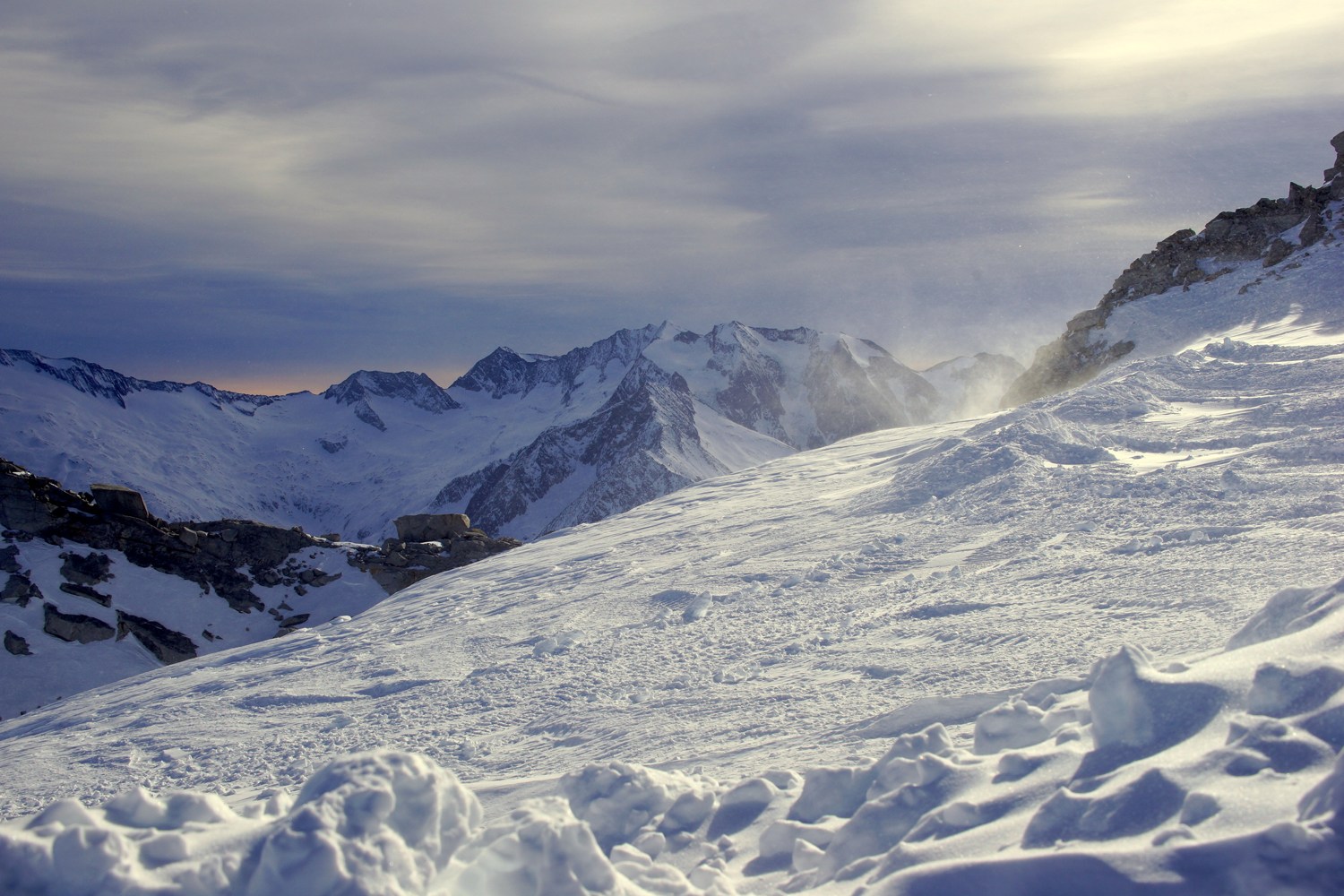 Wind-blown snow on the Hintertux mountain landscape